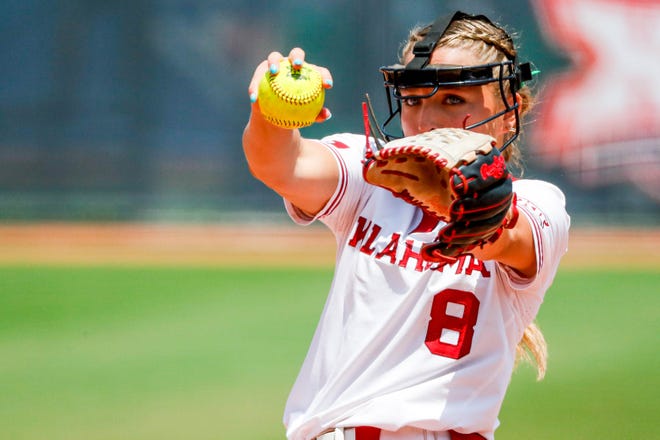 Oklahoma starting pitcher Alex Storako (8) pitches during the Big 12 softball tournament game between the Oklahoma Sooners and the Iowa State Cyclones at USA Softball Hall of Fame Stadium in Oklahoma City, on Friday, May 12, 2023.