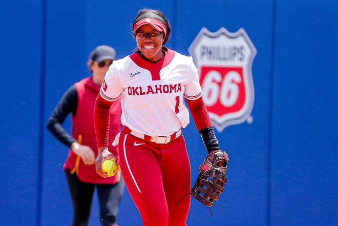 Oklahoma first base Cydney Sanders (1) celebrates after tagging a runner out at first during the Big 12 softball tournament game between the Oklahoma Sooners and the Iowa State Cyclones at USA Softball Hall of Fame Stadium in Oklahoma City, on Friday, May 12, 2023.