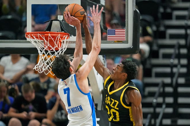 Oklahoma City Thunder forward Chet Holmgren (7) blocks Utah Jazz guard Ochai Agbaji (30) in the first half during an NBA Summer League basketball game Monday, July 3, 2023, in Salt Lake City.