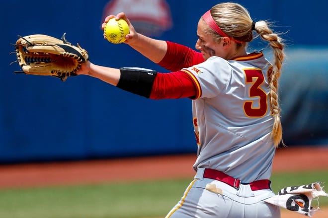 Iowa State pitcher Janessa Jasso (3) pitches during the Big 12 softball tournament game between the Oklahoma Sooners and the Iowa State Cyclones at USA Softball Hall of Fame Stadium in Oklahoma City, on Friday, May 12, 2023.