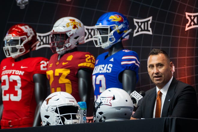 University of Texas Head Coach Steve Sarkisian speaks during a press conference during the first day of Big 12 Media Days in AT&T Stadium in Arlington, Texas, July 12, 2023.