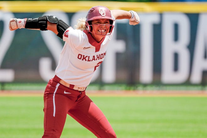 Oklahoma outfielder Jayda Coleman (24) celebrates after hitting a double during the Big 12 softball tournament game between the Oklahoma Sooners and the Iowa State Cyclones at USA Softball Hall of Fame Stadium in Oklahoma City, on Friday, May 12, 2023.