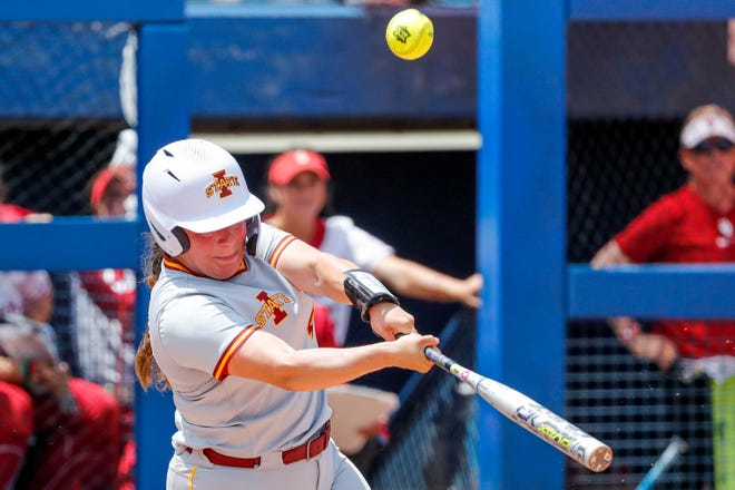 Iowa State catcher Mikayla Ramos (44) hits during the Big 12 softball tournament game between the Oklahoma Sooners and the Iowa State Cyclones at USA Softball Hall of Fame Stadium in Oklahoma City, on Friday, May 12, 2023.