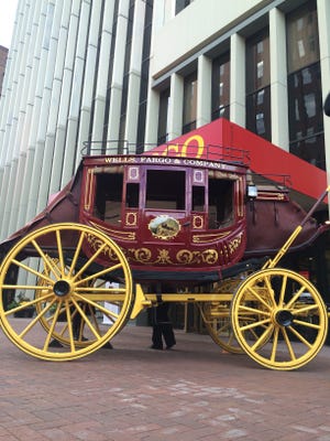 A Wells Fargo wagon outside of the bank's offices on Walnut Street in downtown Des Moines.