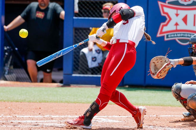 Oklahoma shortstop Grace Lyons (3) hits during the Big 12 softball tournament game between the Oklahoma Sooners and the Iowa State Cyclones at USA Softball Hall of Fame Stadium in Oklahoma City, on Friday, May 12, 2023.