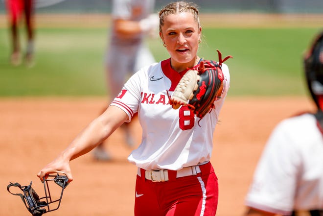 Oklahoma starting pitcher Alex Storako (8) celebrates after ending an inning during the Big 12 softball tournament game between the Oklahoma Sooners and the Iowa State Cyclones at USA Softball Hall of Fame Stadium in Oklahoma City, on Friday, May 12, 2023.