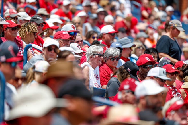 Fans watch during the Big 12 softball tournament game between the Oklahoma Sooners and the Iowa State Cyclones at USA Softball Hall of Fame Stadium in Oklahoma City, on Friday, May 12, 2023.