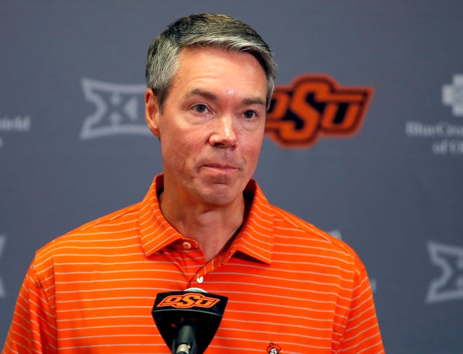 Oklahoma State athletic director Chad Weiberg speaks to the media during media for the Oklahoma State University Cowboys football media days in Stillwater, Okla., Saturday, Aug., 5, 2023.