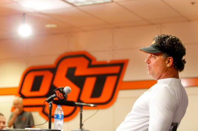 Oklahoma State head football coach Mike Gundy speaks to the media during media for the Oklahoma State University Cowboys football media days in Stillwater, Okla., Saturday, Aug., 5, 2023.