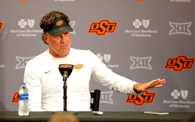 Oklahoma State head football coach Mike Gundy speaks to the media during media for the Oklahoma State University Cowboys football media days in Stillwater, Okla., Saturday, Aug., 5, 2023.
