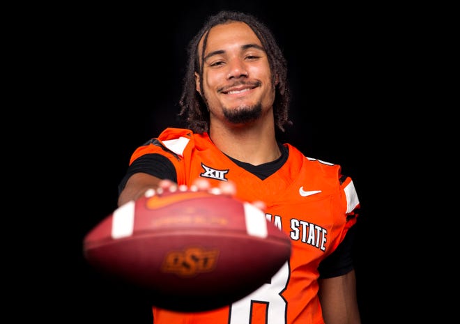 Oklahoma State's Blaine Green poses for a photograph during media for the Oklahoma State University Cowboys football media days in Stillwater, Okla., Saturday, Aug., 5, 2023.