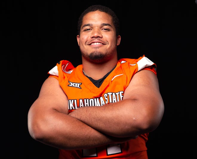 Oklahoma State's Aden Kelley poses for a photograph during media for the Oklahoma State University Cowboys football media days in Stillwater, Okla., Saturday, Aug., 5, 2023.