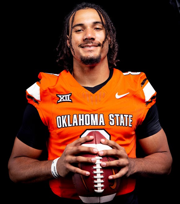 Oklahoma State's Blaine Green poses for a photograph during media for the Oklahoma State University Cowboys football media days in Stillwater, Okla., Saturday, Aug., 5, 2023.