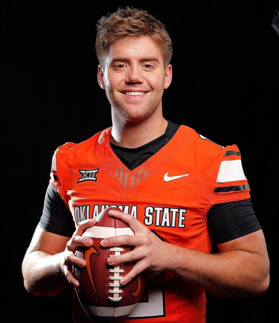 Oklahoma State's Gunnar Gundy poses for a photograph during media for the Oklahoma State University Cowboys football media days in Stillwater, Okla., Saturday, Aug., 5, 2023.
