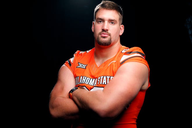 Oklahoma State's Kody Walterscheid poses for a photograph during media for the Oklahoma State University Cowboys football media days in Stillwater, Okla., Saturday, Aug., 5, 2023.