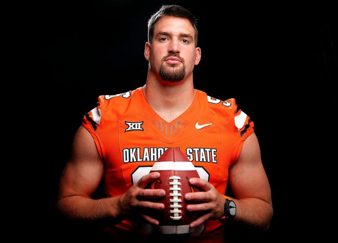 Oklahoma State's Kody Walterscheid poses for a photograph during media for the Oklahoma State University Cowboys football media days in Stillwater, Okla., Saturday, Aug., 5, 2023.