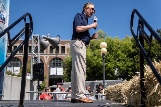 Republican Businessman Perry Johnson speaks on the Des Moines Register Political soapbox on Friday, Aug. 11, 2023, at the Iowa State Fair, in Des Moines.