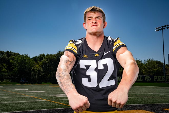 Iowa’s Ben Kueter stands for a photo during Hawkeyes Football media day in Iowa City, Friday, Aug. 11, 2023.