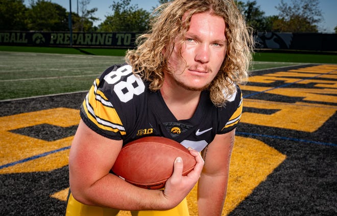 Iowa Fullback Hayden Large (#88) stands for a photo during Hawkeyes Football media day in Iowa City, Friday, Aug. 11, 2023.