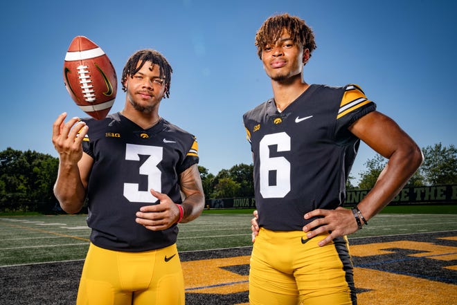 Iowa wide receivers Kaleb Brown (#3) and Seth Anderson (#6) stand for a photo during Hawkeyes Football media day in Iowa City, Friday, Aug. 11, 2023.