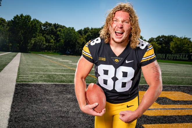Iowa Fullback Hayden Large (#88) stands for a photo during Hawkeyes Football media day in Iowa City, Friday, Aug. 11, 2023.