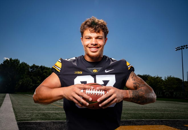 Tight end Erick All (#83) stands for a photo during Hawkeyes Football media day in Iowa City, Friday, Aug. 11, 2023.