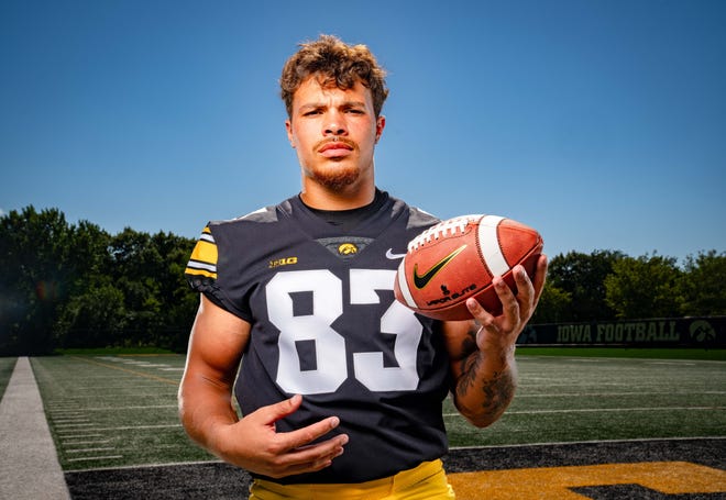 Tight end Erick All (#83) stands for a photo during Hawkeyes Football media day in Iowa City, Friday, Aug. 11, 2023.