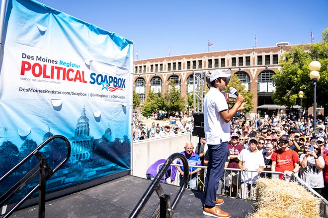 GOP presidential candidate Vivek Ramaswamy speaks at the Des Moines Register Political Soapbox during day three of the Iowa State Fair on Saturday, August 12, 2023 in Des Moines.