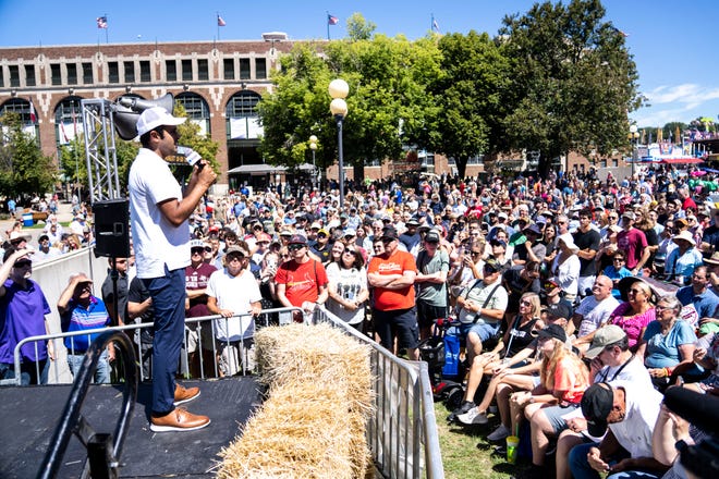 GOP presidential candidate Vivek Ramaswamy speaks at the Des Moines Register Political Soapbox during day three of the Iowa State Fair on Saturday, August 12, 2023 in Des Moines.