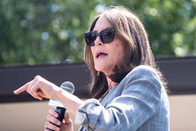 Democratic presidential candidate Marianne Williamson speaks at the Des Moines Register Political Soapbox during day three of the Iowa State Fair on Saturday, August 12, 2023 in Des Moines.