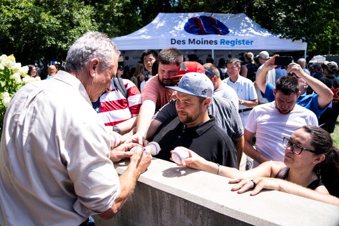 Democratic presidential candidate Robert F. Kennedy signs autographs before his appearance at the Des Moines Register Political Soapbox during day three of the Iowa State Fair on Saturday, August 12, 2023 in Des Moines.