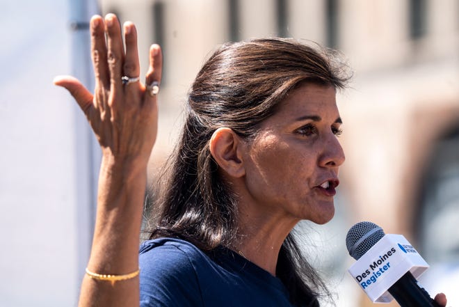 GOP presidential candidate Nikki Haley speaks at the Des Moines Register Political Soapbox during day three of the Iowa State Fair on Saturday, August 12, 2023 in Des Moines.