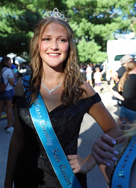 Natalie Behnken of Cass County visits backstage before the 57th annual Iowa State Fair Queen Coronation on the Anne and Bill Riley Stage at the Iowa State Fair on Saturday, August 12, 2023, in Des Moines.
