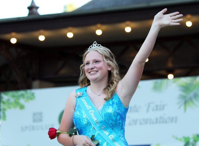 Molly Freese of Carroll County is introduced during the annual Iowa State Fair Queen Coronation on the Anne and Bill Riley Stage at the Iowa State Fair on Saturday, August 12, 2023, in Des Moines.