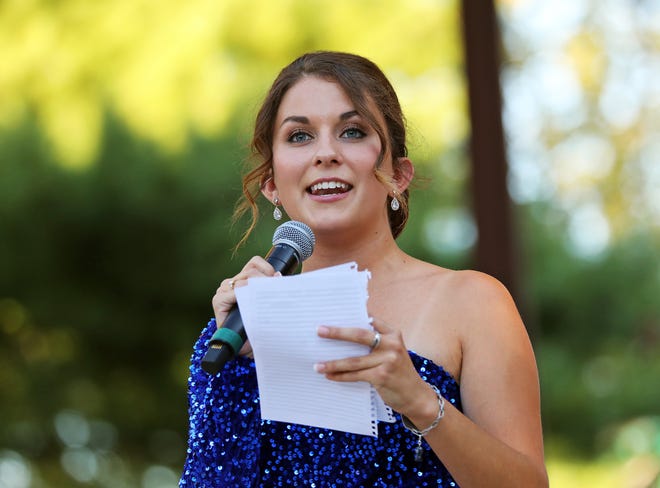 Master of Ceremonies Hailey Swan welcomes everyone to the 57th annual Iowa State Fair Queen Coronation on the Anne and Bill Riley Stage at the Iowa State Fair on Saturday, August 12, 2023, in Des Moines.