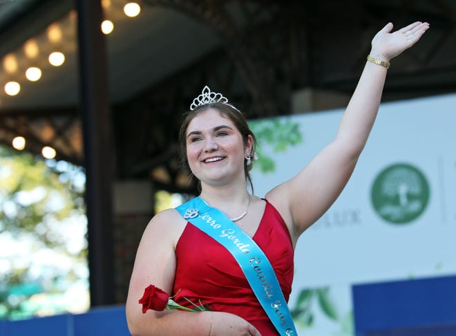 Hadley Shatek of Cerro Gordo County is introduced during the annual Iowa State Fair Queen Coronation on the Anne and Bill Riley Stage at the Iowa State Fair on Saturday, August 12, 2023, in Des Moines.