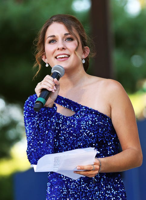 Master of Ceremonies Hailey Swan welcomes everyone to the 57th annual Iowa State Fair Queen Coronation on the Anne and Bill Riley Stage at the Iowa State Fair on Saturday, August 12, 2023, in Des Moines.