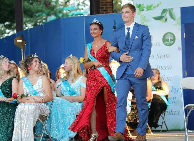 Genevieve Scott of Linn County is introduced at the annual Iowa State Fair Queen Coronation on the Anne and Bill Riley Stage at the Iowa State Fair on Saturday, August 12, 2023, in Des Moines.