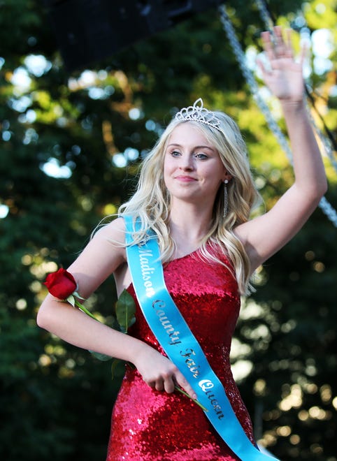 Emma Deppe of Madison County waves to the crowd during the annual Iowa State Fair Queen Coronation on the Anne and Bill Riley Stage at the Iowa State Fair on Saturday, August 12, 2023, in Des Moines.