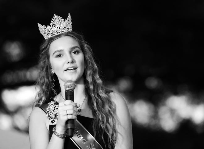 The 2022 State Fair Queen Mary Ann Fox offers advice to all the contestants during the annual Iowa State Fair Queen Coronation on the Anne and Bill Riley Stage at the Iowa State Fair on Saturday, August 12, 2023, in Des Moines.
