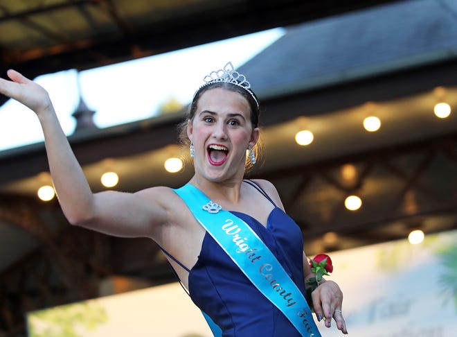 Makayla Beisel of Wright County waves during the annual Iowa State Fair Queen Coronation on the Anne and Bill Riley Stage at the Iowa State Fair on Saturday, August 12, 2023, in Des Moines.