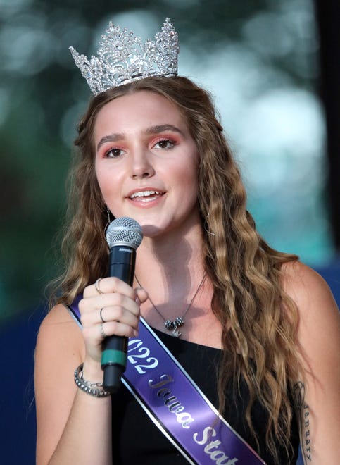 The 2022 State Fair Queen Mary Ann Fox recaps her busy year during the annual Iowa State Fair Queen Coronation on the Anne and Bill Riley Stage at the Iowa State Fair on Saturday, August 12, 2023, in Des Moines.
