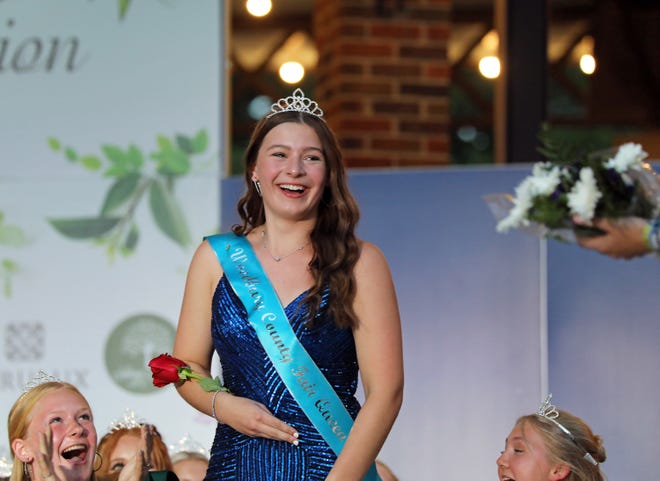 Maria McGowan of Woodbury County wins the Outstanding Leadership award during the annual Iowa State Fair Queen Coronation on the Anne and Bill Riley Stage at the Iowa State Fair on Saturday, August 12, 2023, in Des Moines.