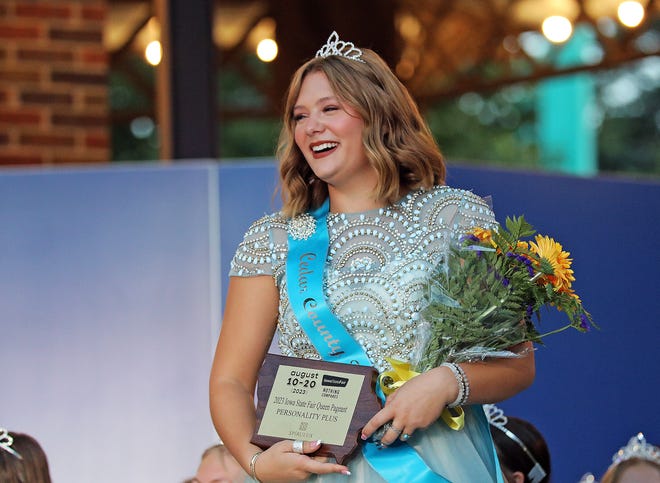 Molly Chapman of Cedar County wins the Personality Plus award during the annual Iowa State Fair Queen Coronation on the Anne and Bill Riley Stage at the Iowa State Fair on Saturday, August 12, 2023, in Des Moines.