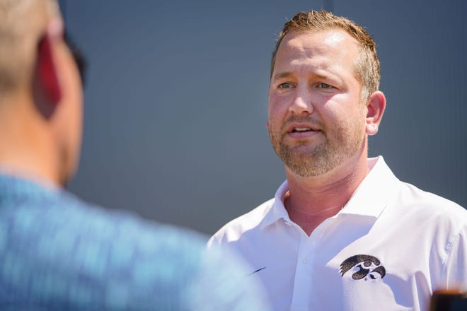 Iowa senior special assistant to the head coach Jon Budmayr talks with reporters during Hawkeyes Football media day in Iowa City, Friday, Aug. 11, 2023.