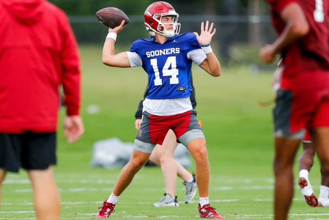 General Booty (14) runs drills during OU football practice in Norman, Okla., on Monday, Aug. 14, 2023.