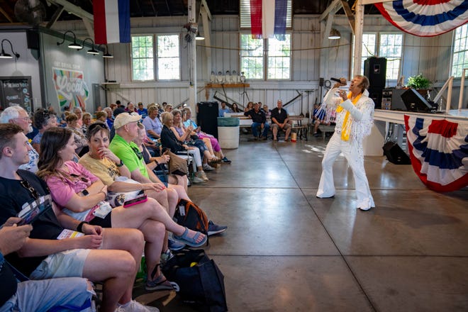 James David Brown performs an Elvis Presley Tribute and Impersonation at Farm Bureau Pioneer Hall during the Iowa State Fair, Monday, Aug. 14, 2023.