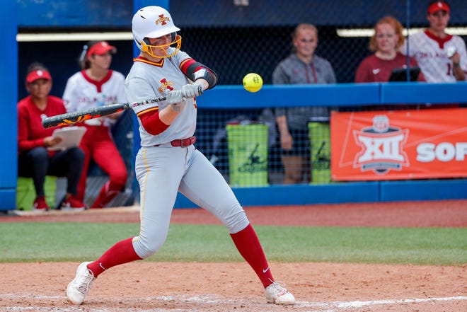 Iowa State pitcher Ellie Spelhaug (32) takes the plate during the Big 12 softball tournament game between the Oklahoma Sooners and the Iowa State Cyclones at USA Softball Hall of Fame Stadium in Oklahoma City, on Friday, May 12, 2023.