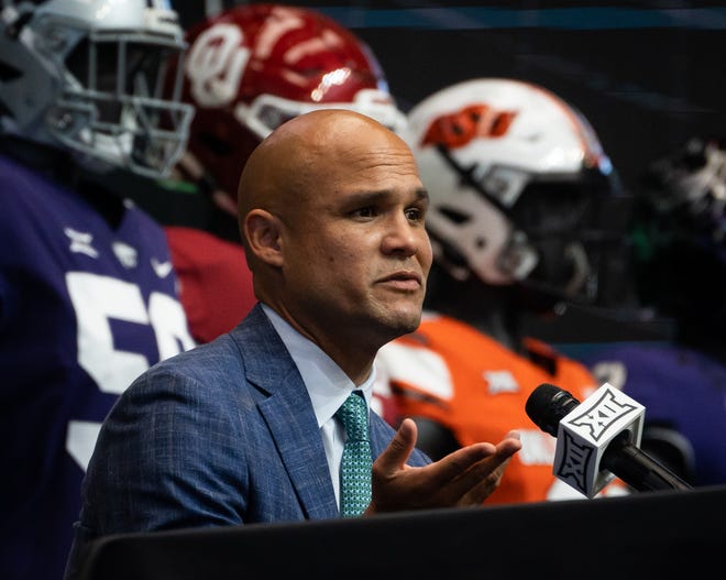 Baylor University Head Coach Dave Aranda speaks in his press conference during the first day of Big 12 Media Days in AT&T Stadium in Arlington, Texas, July 12, 2023.