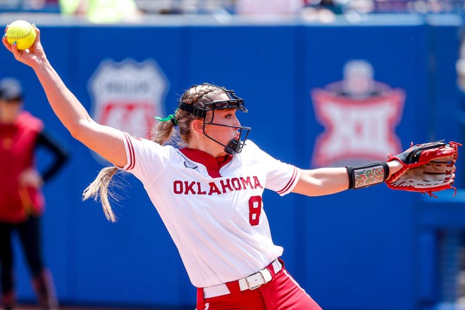 Oklahoma starting pitcher Alex Storako (8) pitches during the Big 12 softball tournament game between the Oklahoma Sooners and the Iowa State Cyclones at USA Softball Hall of Fame Stadium in Oklahoma City, on Friday, May 12, 2023.